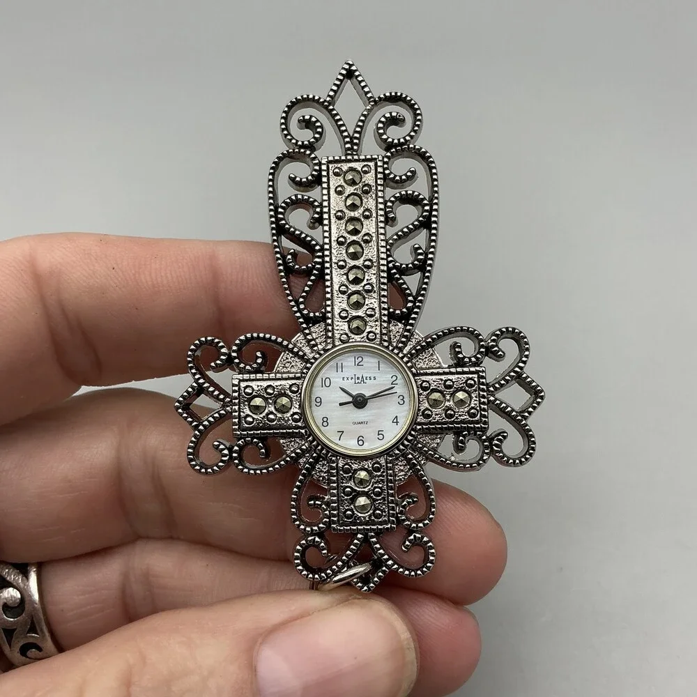LA Express Womens Watch 44mm Cross Pendant Necklace Silver Tone New Battery